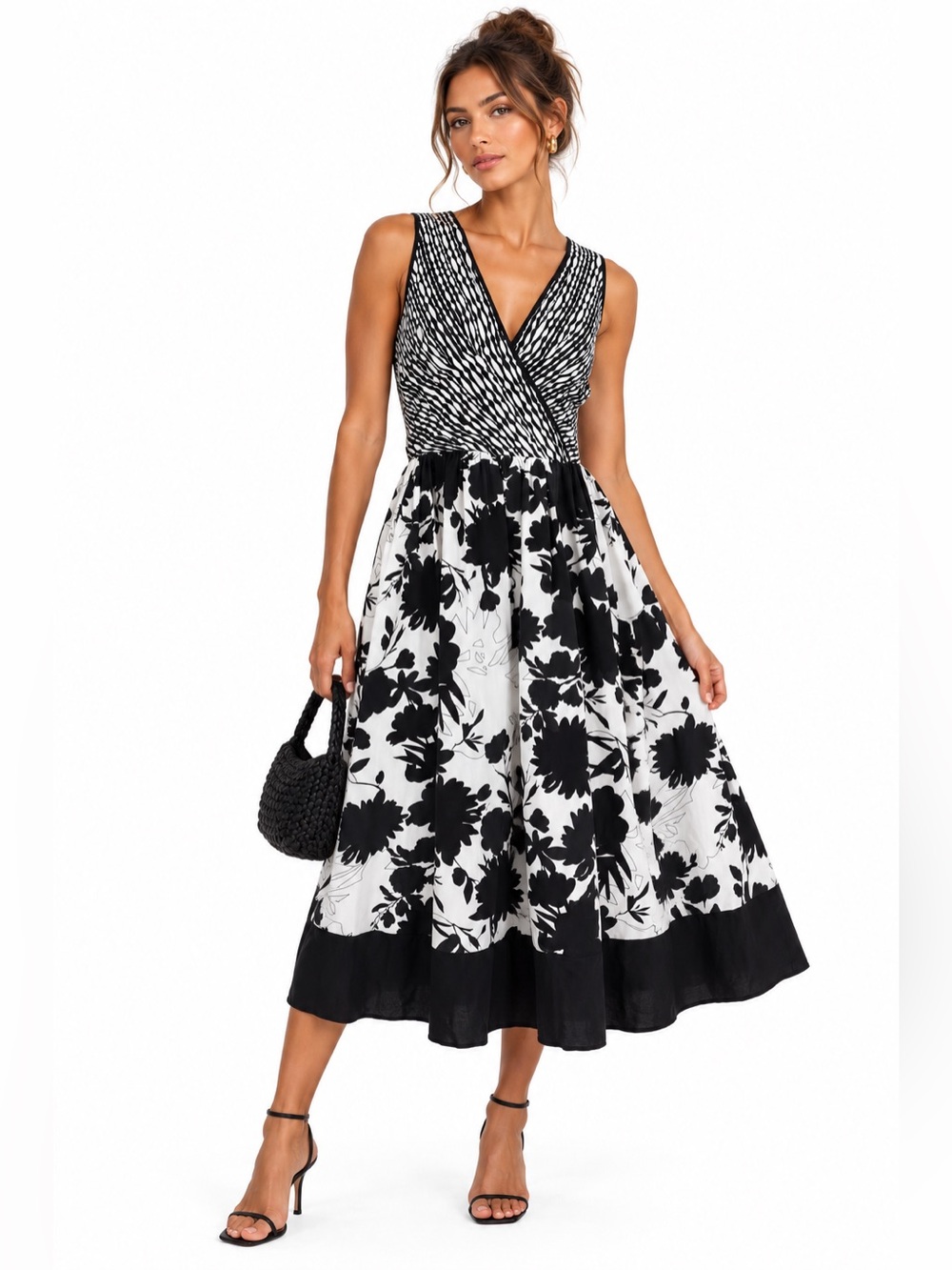100% SILK Black Tie Event Black & White Floral Midi Dress
